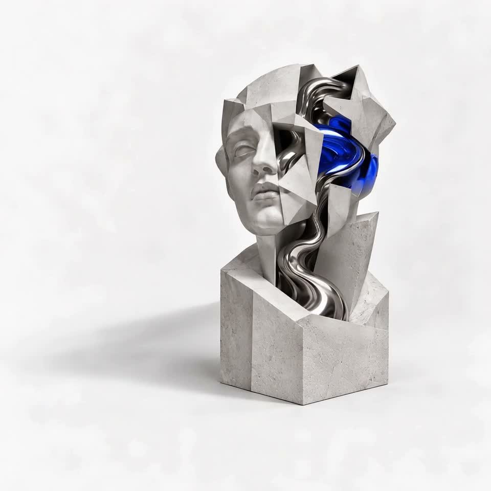 Bust sculptural din piatră albă, cu interior din metal fluid.